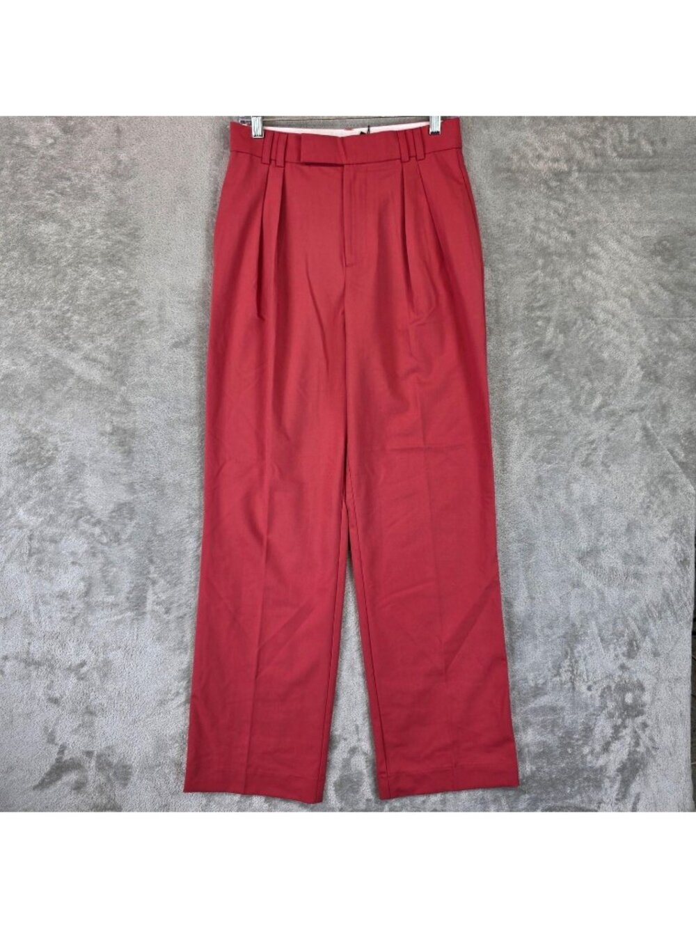 Zara Dress Pants Womens S Red Twill Straight Leg Pleated Stretch Work Office